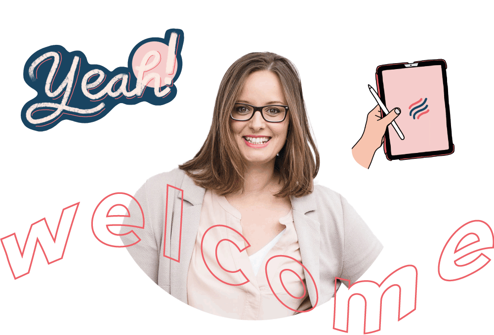 Bild von Cathy Koronakis mit dekorativen Icons wie einem iPad und einem Sticker mit der Aufschrift Yeah!, sowie dem englischen Wort Welcome